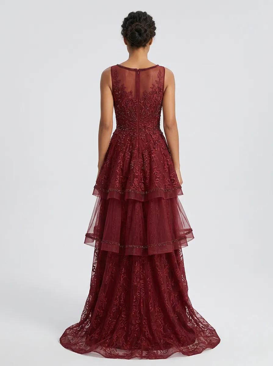 Women's Lace Beaded High-Low Tiered Evening Gown