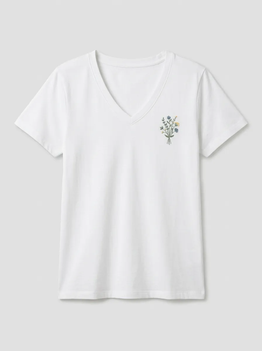 Women's Botanical-Embroidered Left-Chest V-Neck T-Shirt