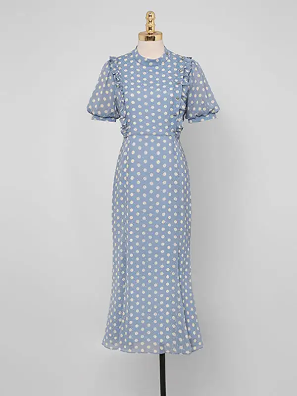 Chiffon Polka Puff Long Dress