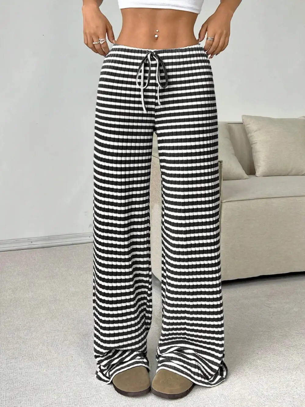 Relaxed Striped Wide Leg Drawstring Pants