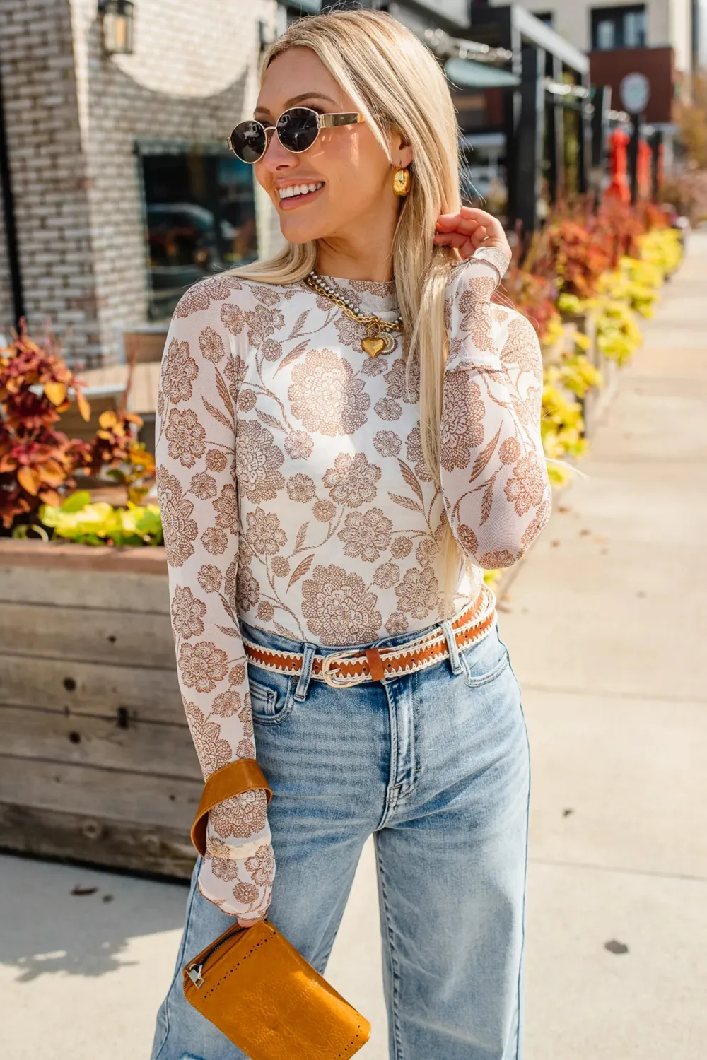 Brown Thumbhole Long Sleeve Floral Top