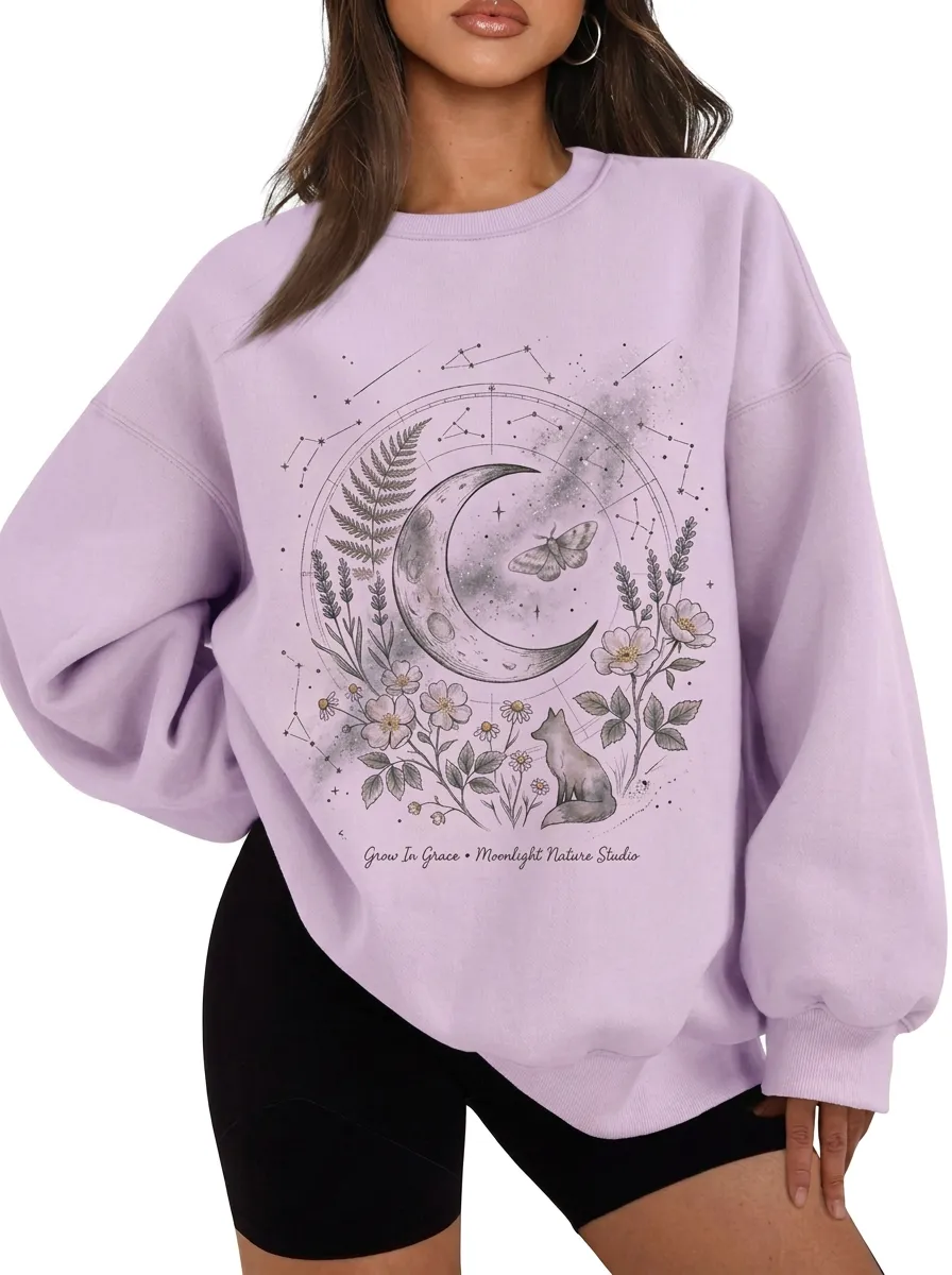 Women's Beige Celestial Fox Moon Floral Crewneck Sweatshirt