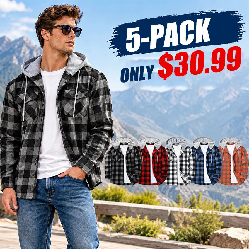 Men's Plus-Size Plaid Flannel Hooded Long-Sleeve Shirt Jacket