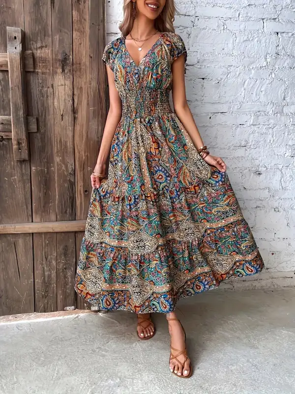 Paisley Print Cap Sleeve Maxi Dress
