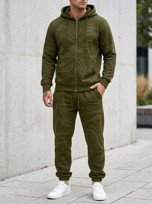 Men's Streetwear Topographic Pattern Print Jogger Set