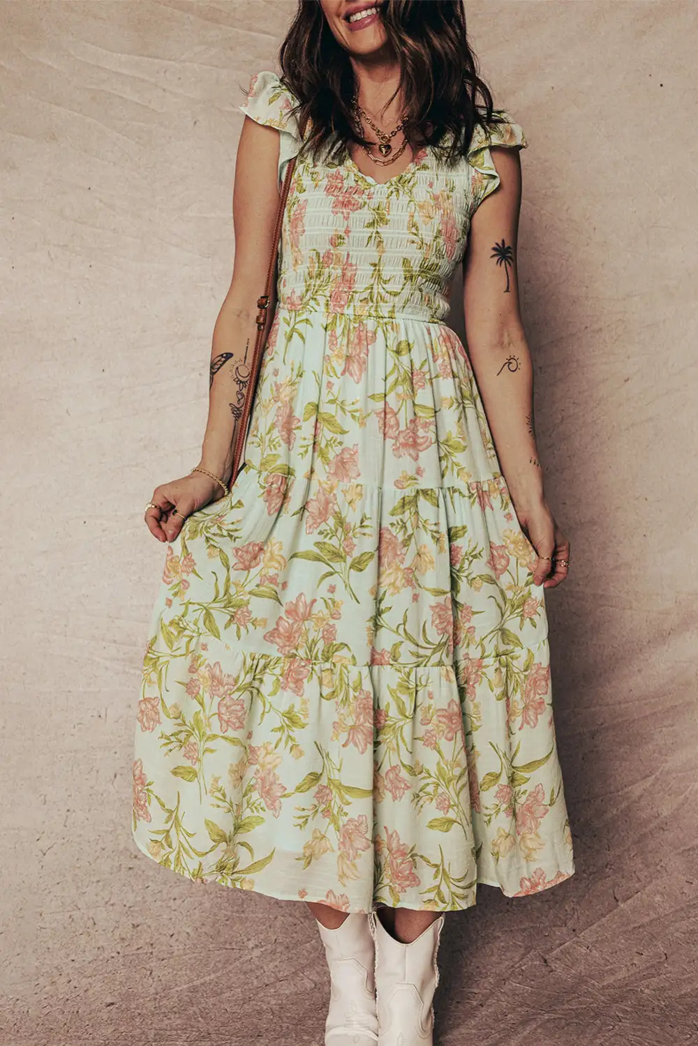 Smocked Bodice Ruffled Sleeveless Tiered Floral Maxi Dress