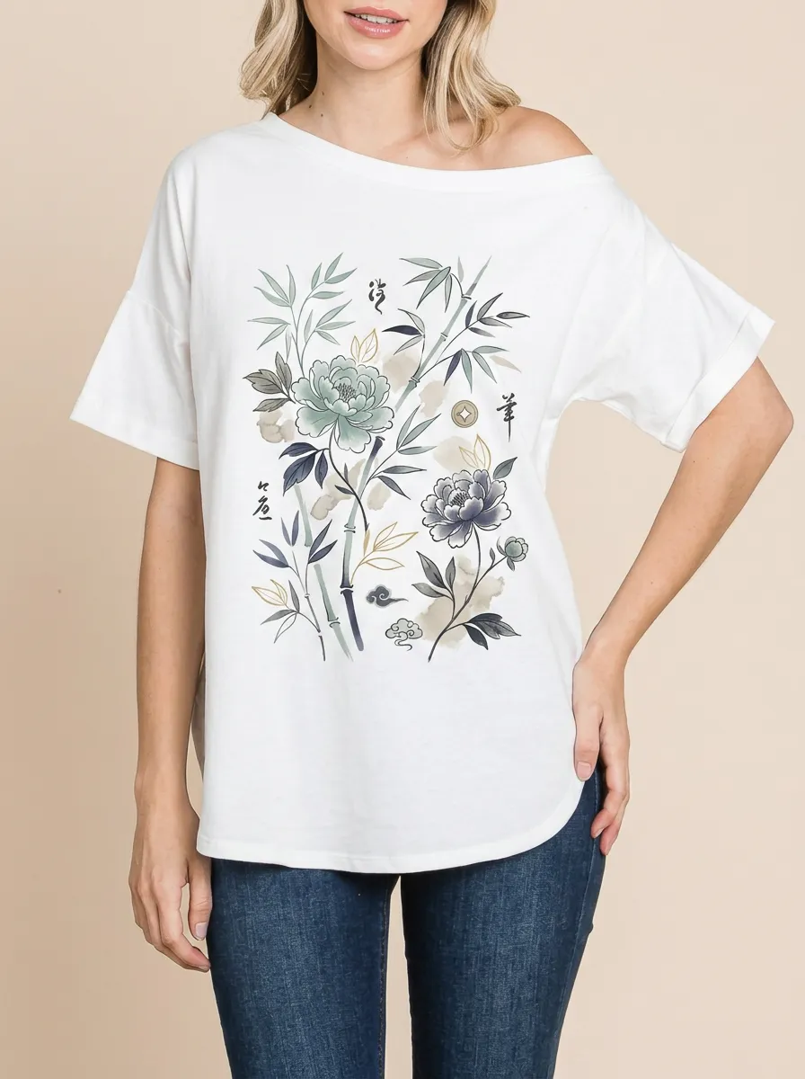 Women's Asian Floral Bamboo Peony Printed T-shirt