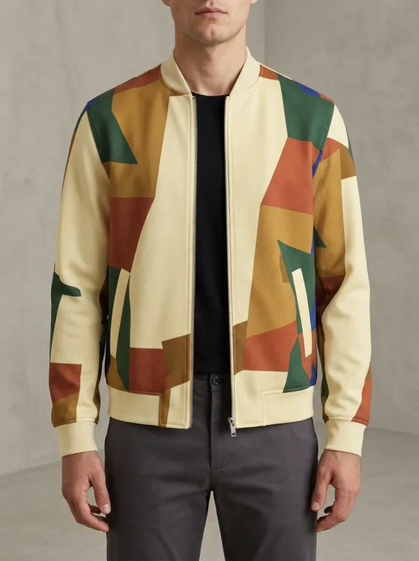 Geometric Print Ribbed Trim Metal Zip Bomber Jacket