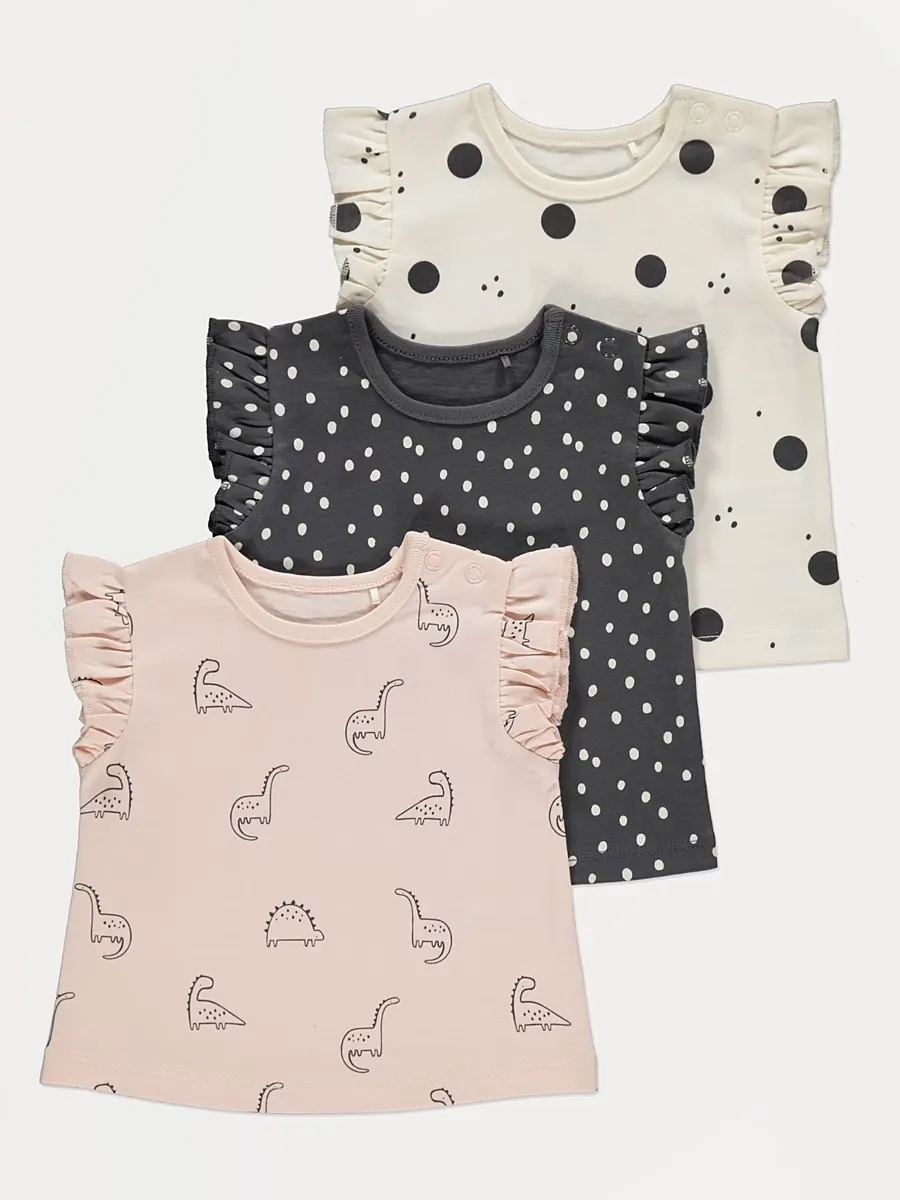 Dinosaur Spot Frill Sleeve Tops 3 Pack