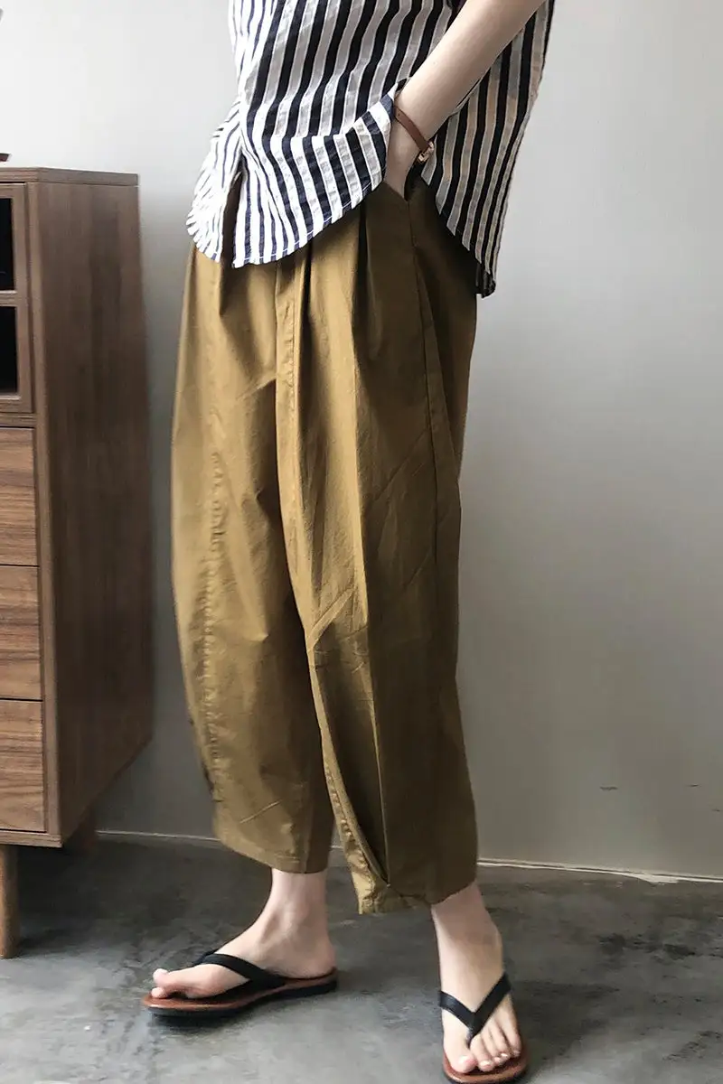 Refined Cotton Wide Leg Elastic Waist Pocketed Trousers