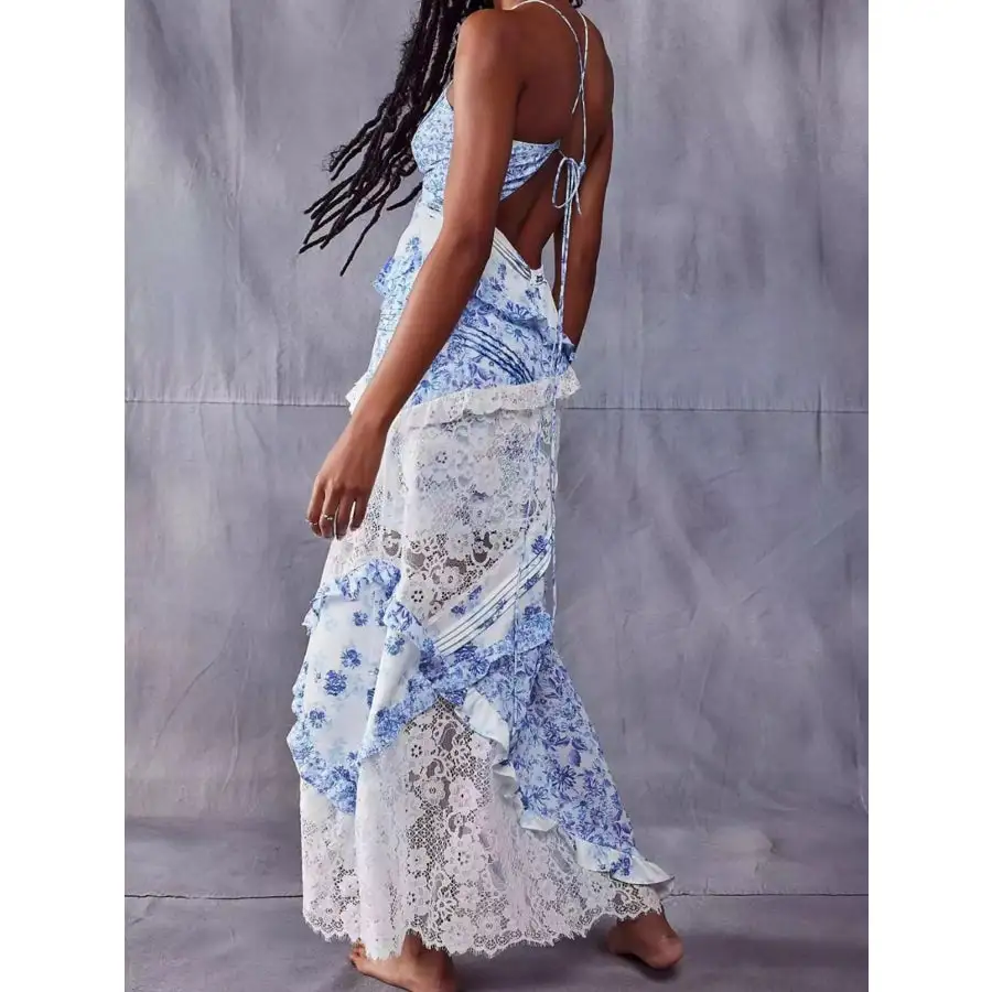 Lace Detail Ruffled Floral V Neck Maxi Dress