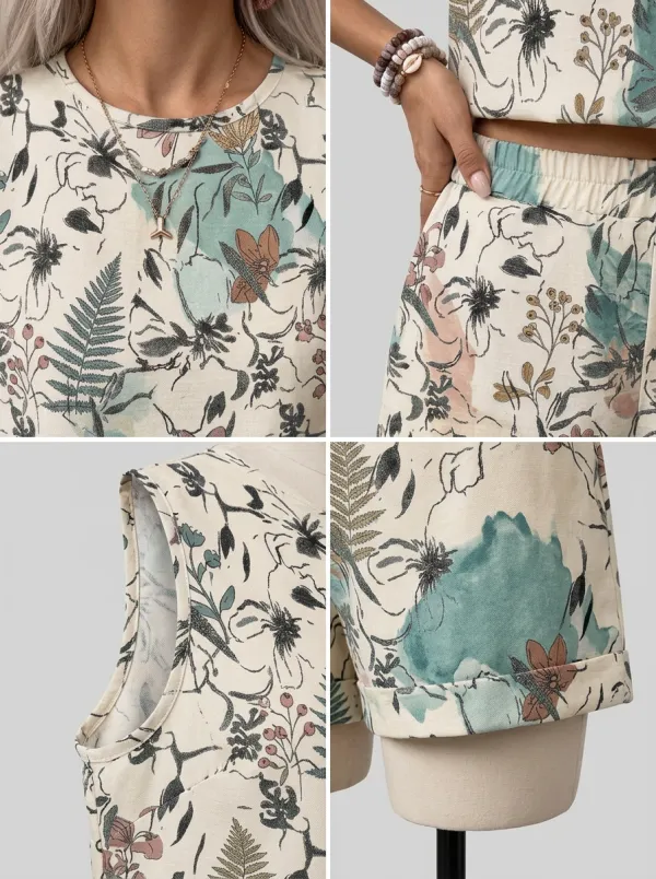 Women's Botanical Floral Fern Printed Sleeveless Shorts Set