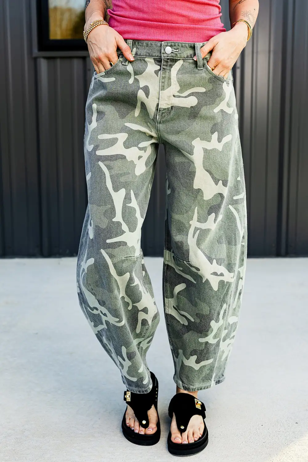 Women's Camo Print Button Fly Straight Leg Ankle Length Jeans