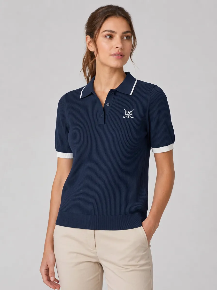 Women's Equestrian Lover Crossed Riding Crop Printed Ribbed Knit with Contrast Trim Polo Shirt