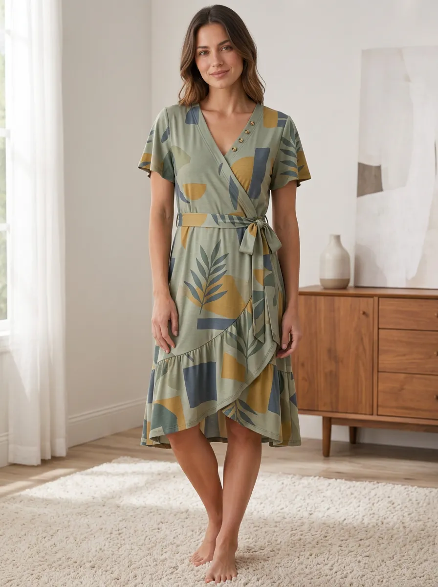 Women's Abstract Botanical Leaf Printed Wrap Dress
