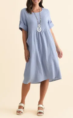 Round-Neck Knee-Length Pocket Linen Half-Sleeve A-Line Relaxed Dress