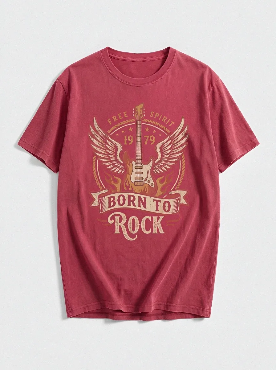 Men's Rock Music Lover Winged Guitar Born To Rock Printed T-shirt