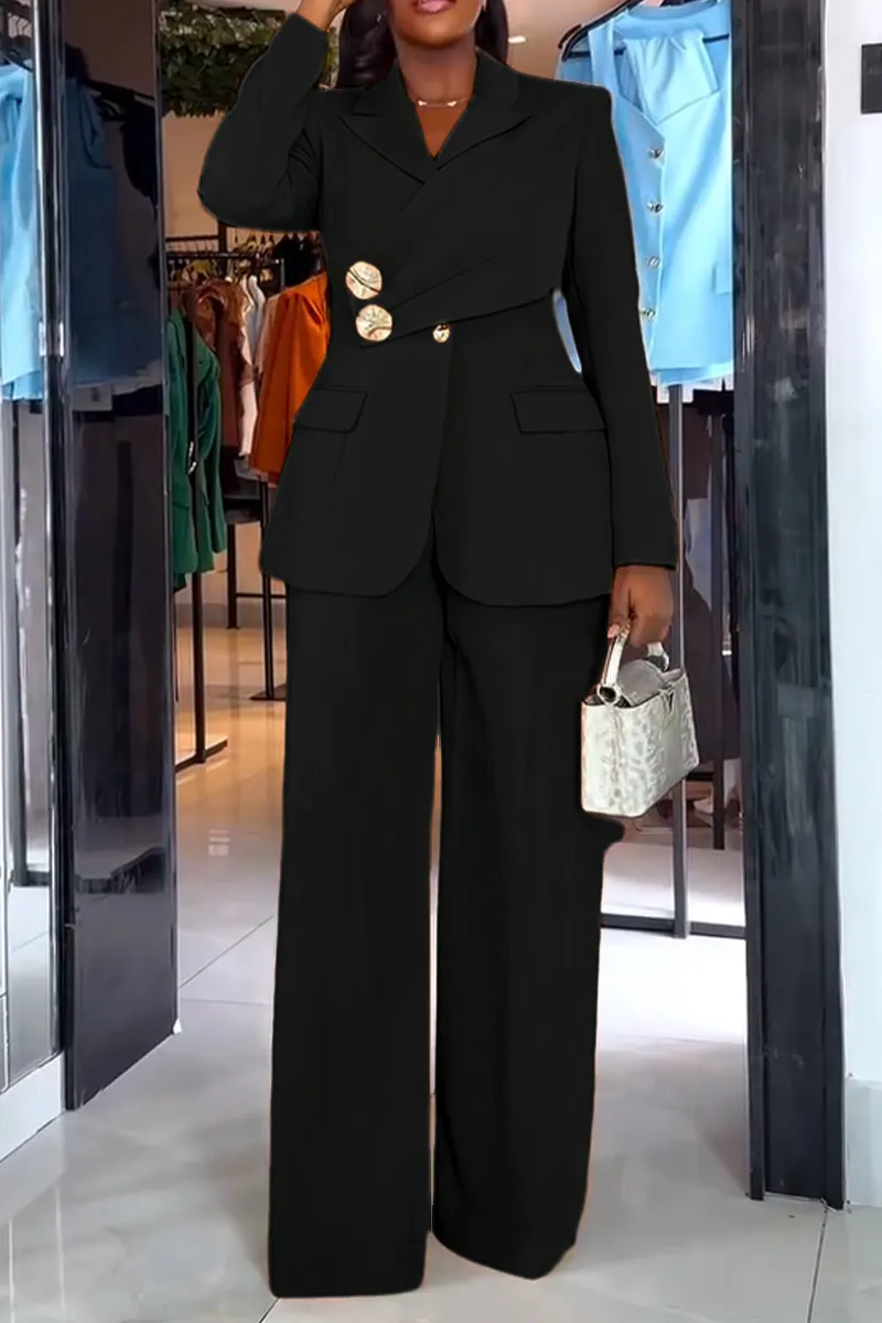 Women Collar Splicing Jacket+ Wide Leg Pants Temperament Commuting Formal Suit