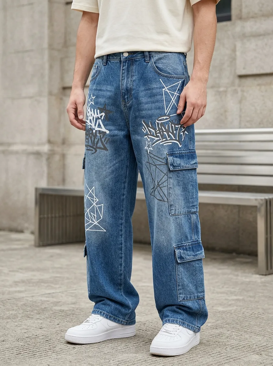 Unisex Graphic Streetwear Graffiti Star Cargo Jeans