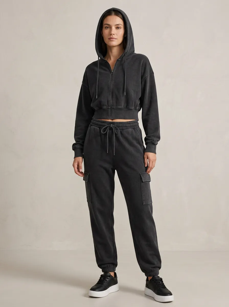 Zip-Up Vintage-Wash Cargo-Jogger Jogger Women's Cropped Zip-Up Hoodie Jogger Active Set