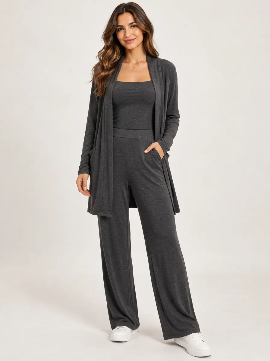 Women's Charcoal Cardigan, Tank and Pants Coordinated Trio