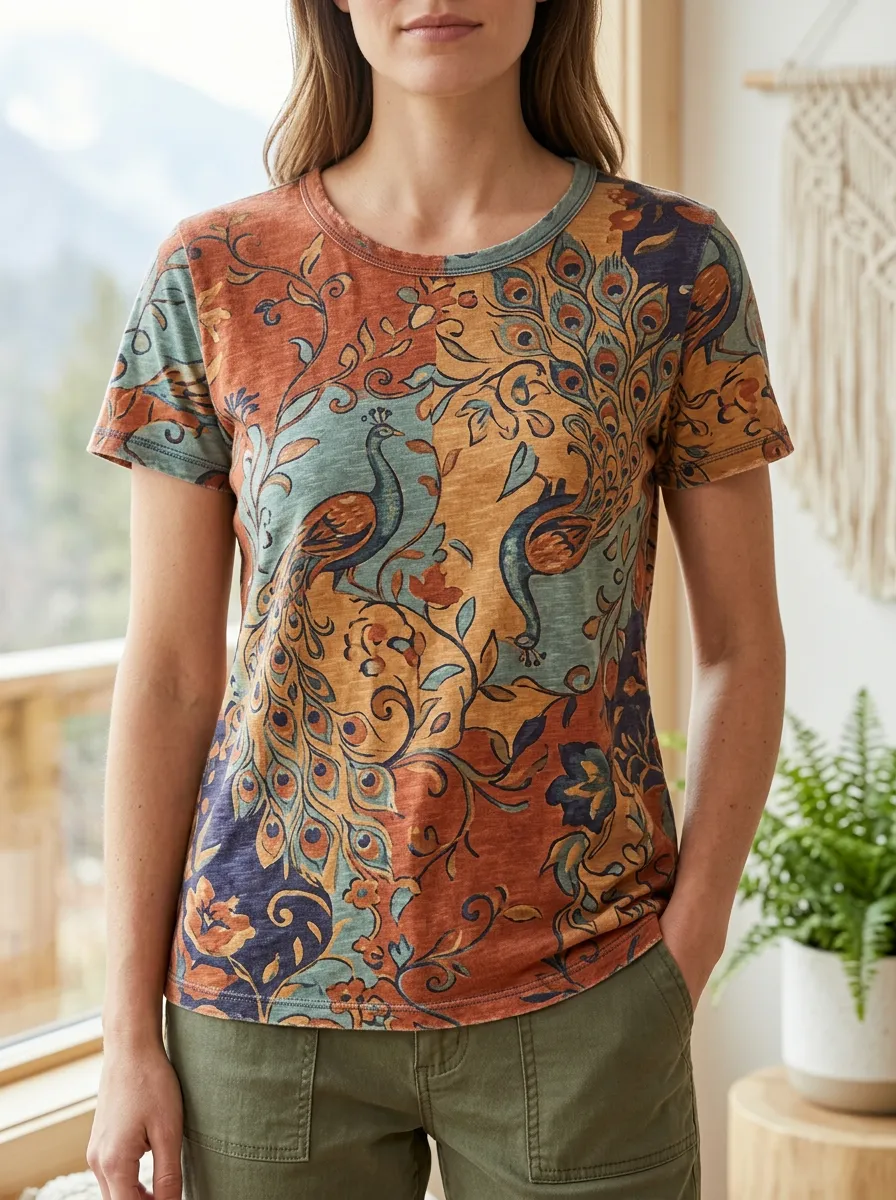 Women's Vintage Peacock Floral Pattern Printed T-shirt