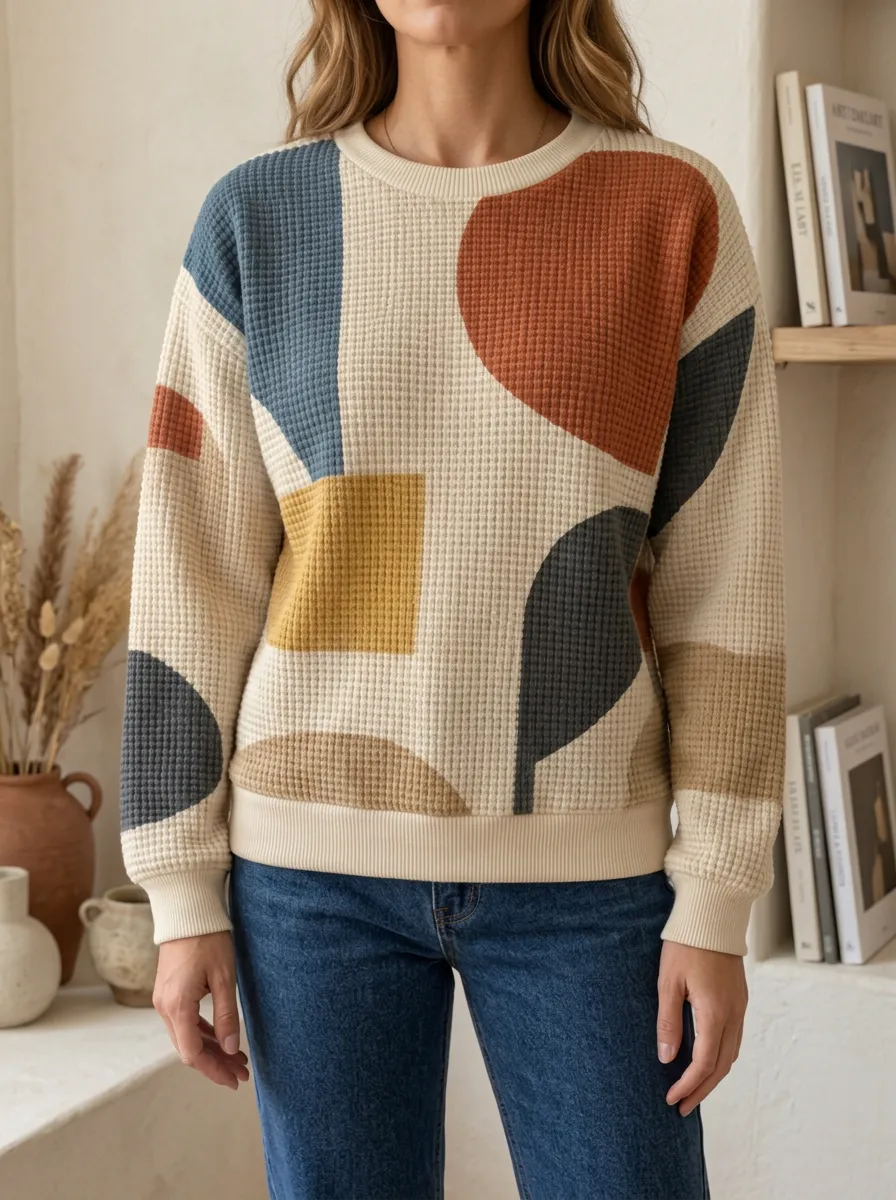 Women's Graphic Abstract Geometric Pattern Waffle Knit Crewneck Sweatshirt