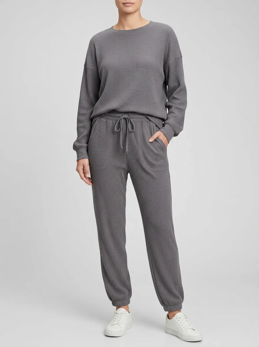 Unisex Waffle Knit Solid Color Casual Loungewear Long Sleeve Top