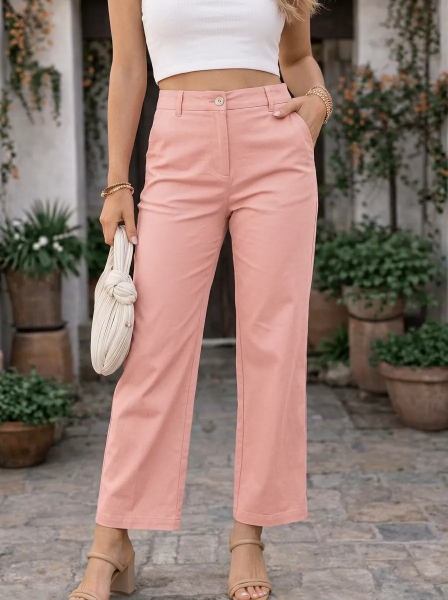 Women's Casual Style Navy Blue Mid-Rise Straight Leg Pants