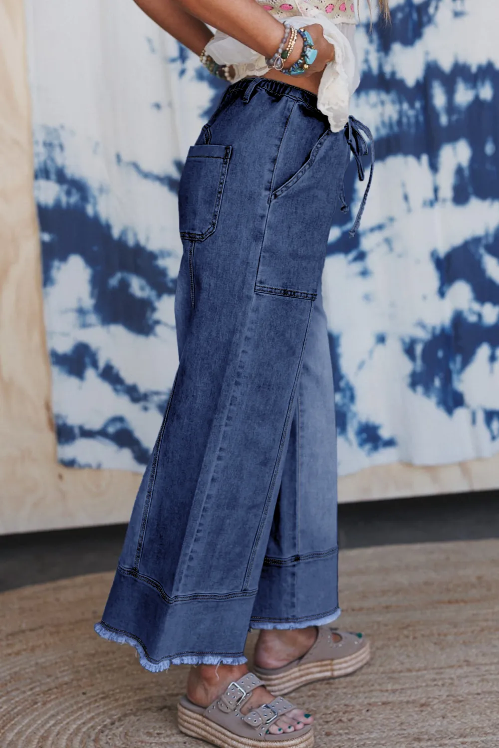 Deep Blue Drawstring Wide Leg Jeans