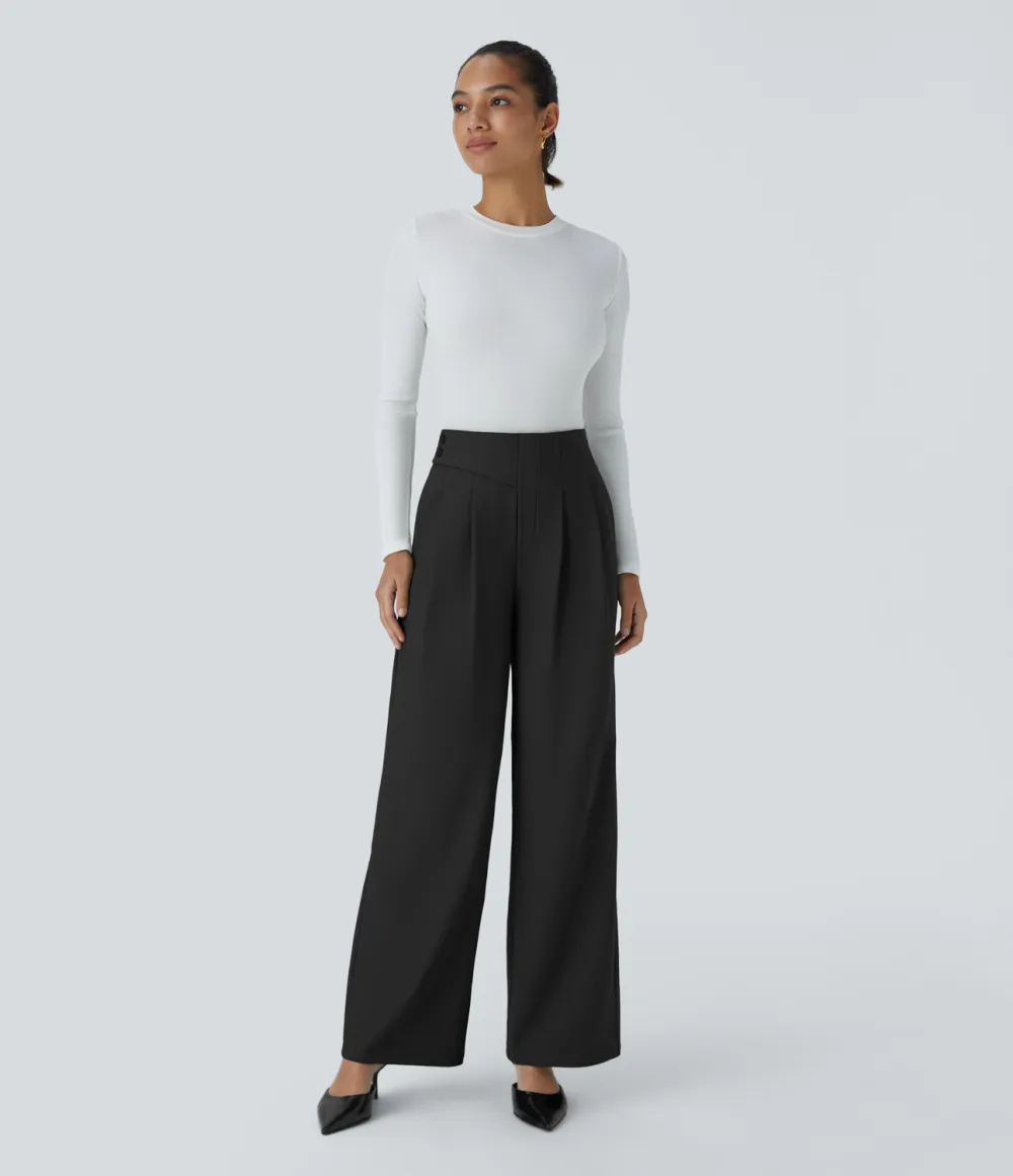 High Waisted Decorative Button Plicated Side Pocket Straight Leg Twill Work Pants