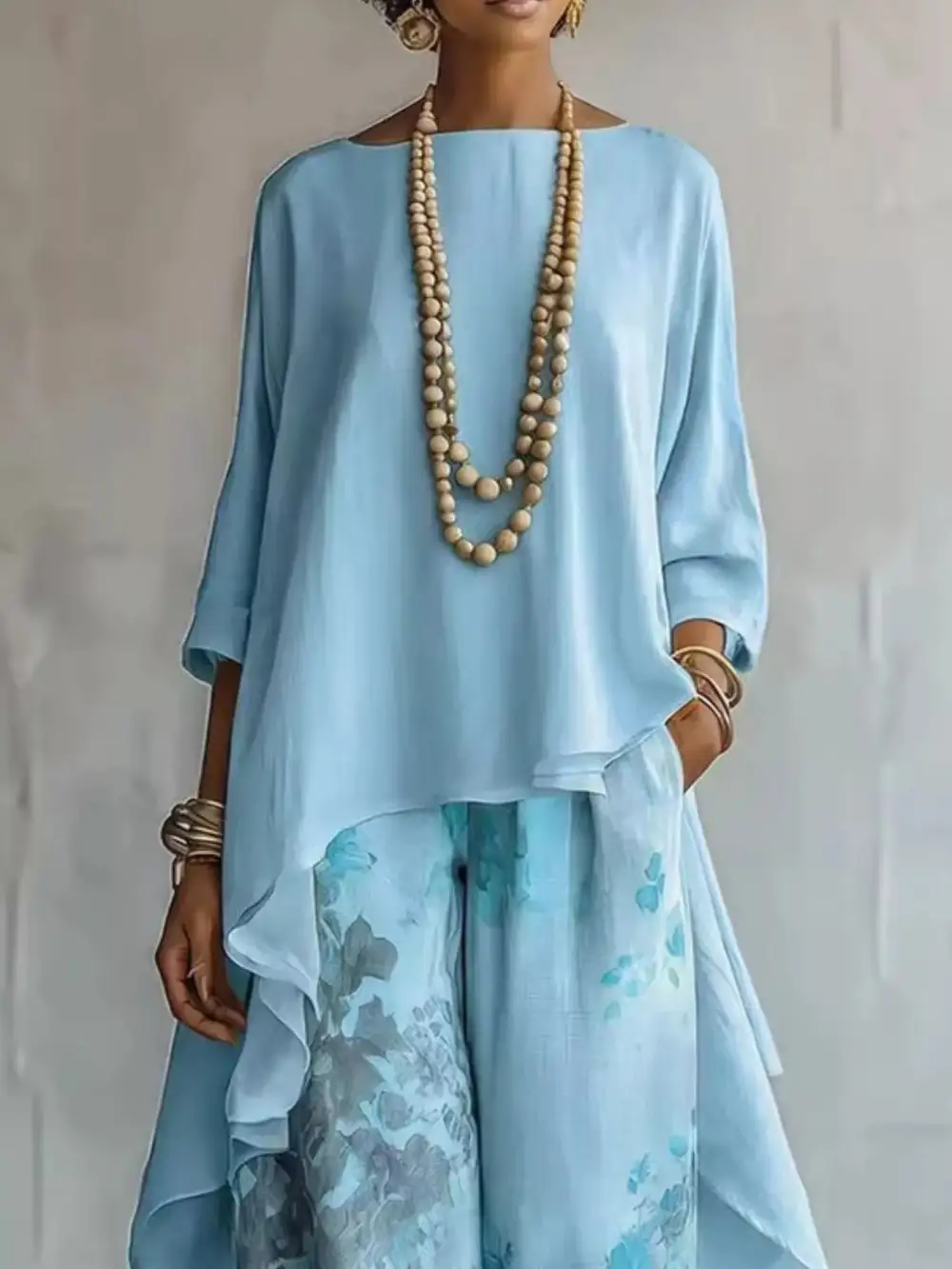 Asymmetrical Hem Top and Floral Pants Set