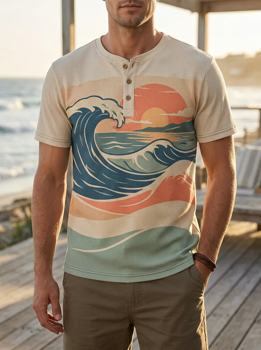 Men's Beach Surfer Retro Ocean Wave Sunset Printed Henley T-shirt