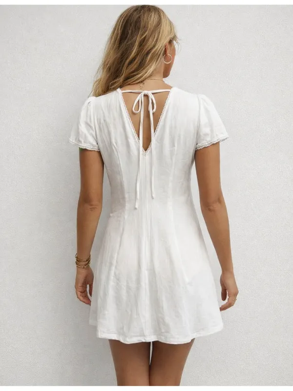 V Neck Lace Trim Short Sleeves Mini Dress