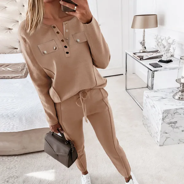 Women's Casual Button V-neck Set