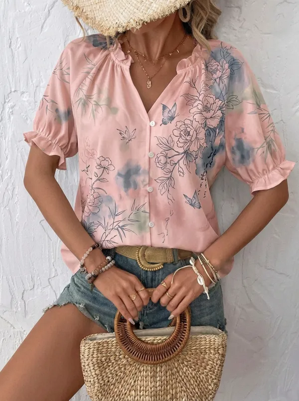 Women's Floral Butterfly Watercolor Printed Button Up Blouse