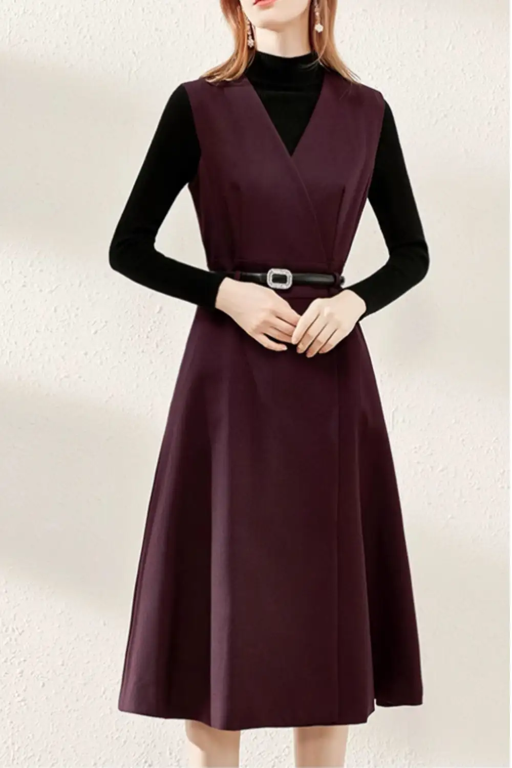 Wool Blend V Neck Sleeveless Midi Dress