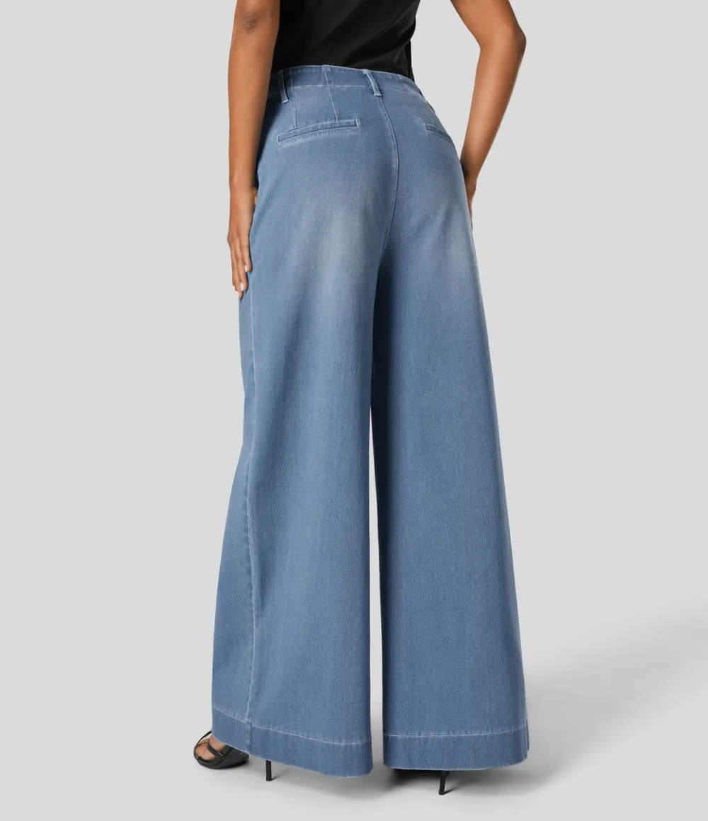 Magic High Waisted Front Pockets Washed Stretchy Knit Casual Wide Leg Jeans