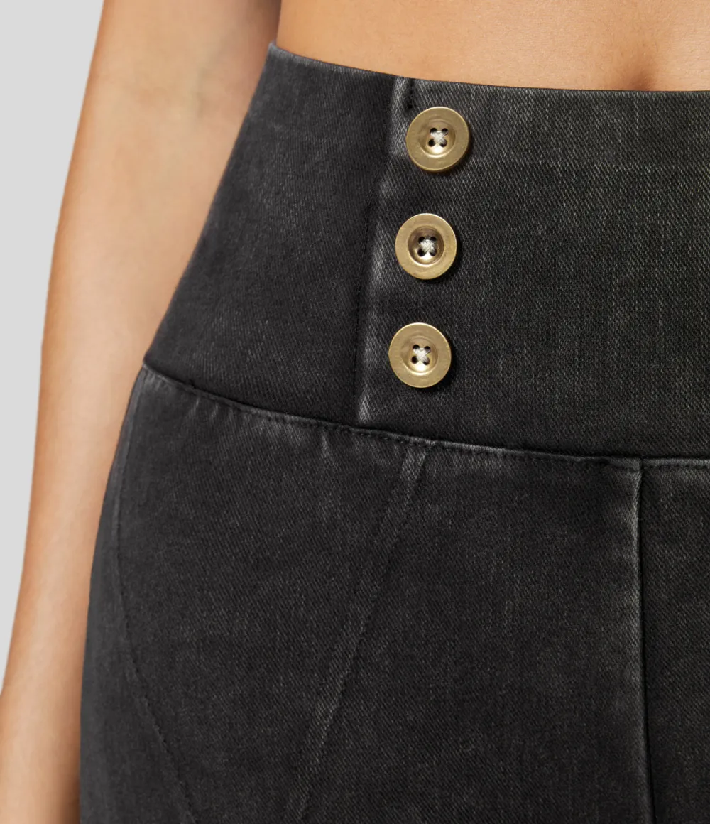 Magic High Waisted Button Top-stitching Washed Stretchy Knit Casual Flare Jeans