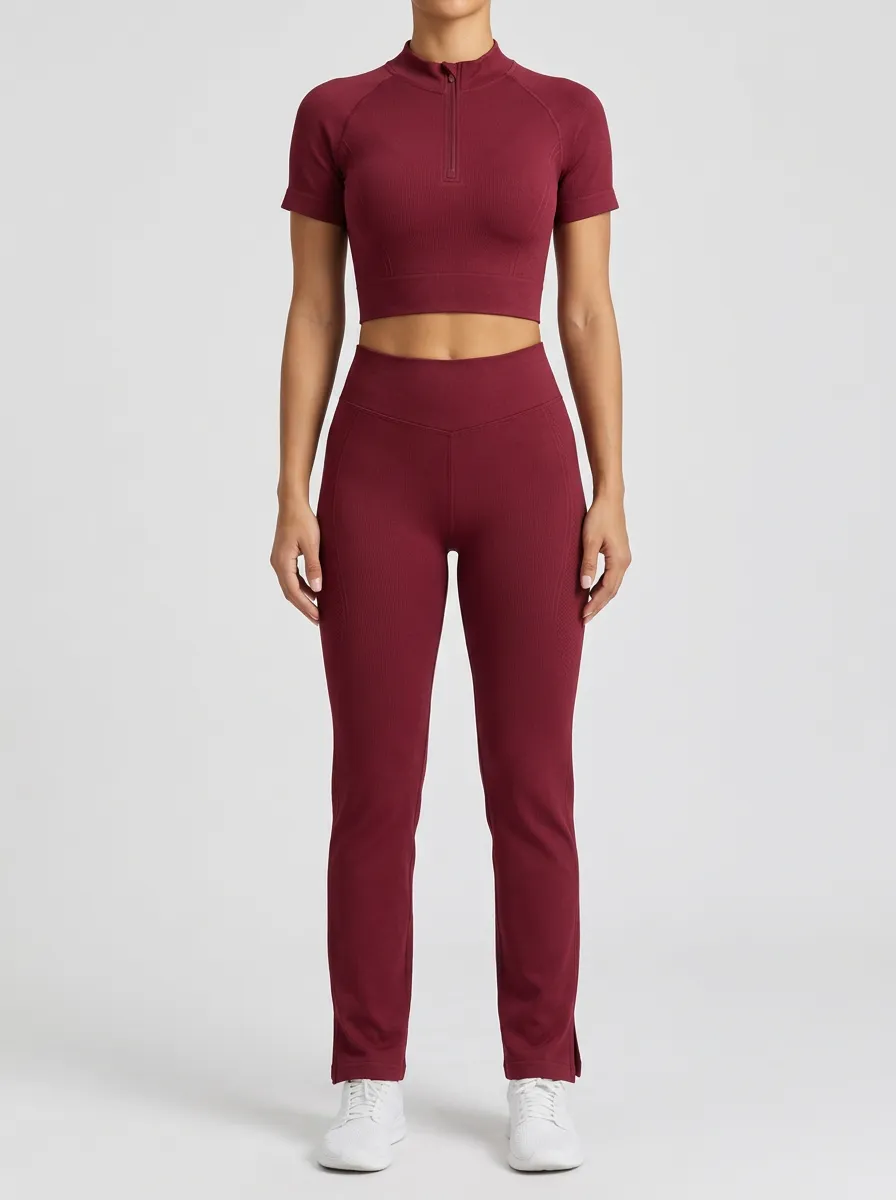 Women's Burgundy Ribbed Crop Top with Leggings Set