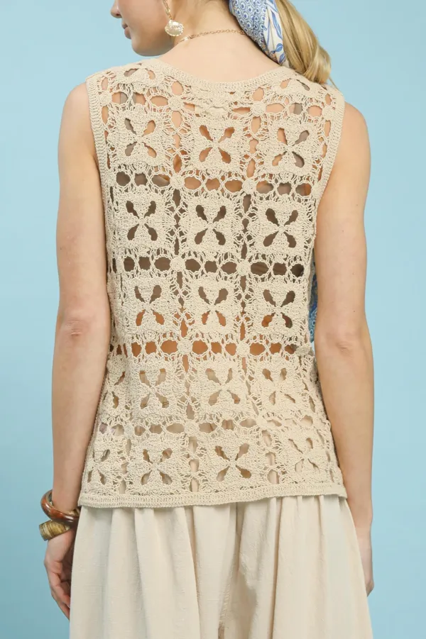 Crew-Neck Knit Floral Cotton Tank Top