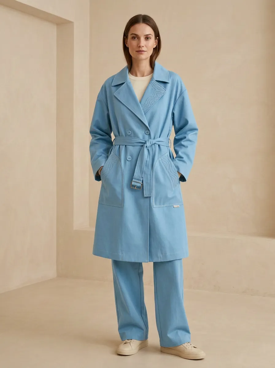 Wavy Stitched Belted Trench Coat
