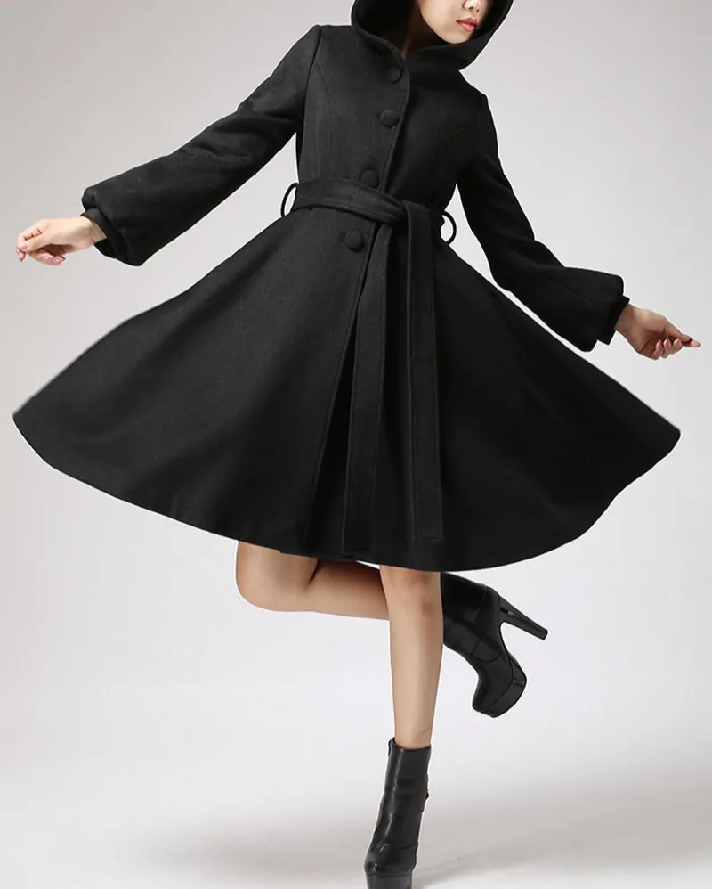 Wool Blend Fit and Flare Hooded Belted Lantern Sleeve Midi Coat
