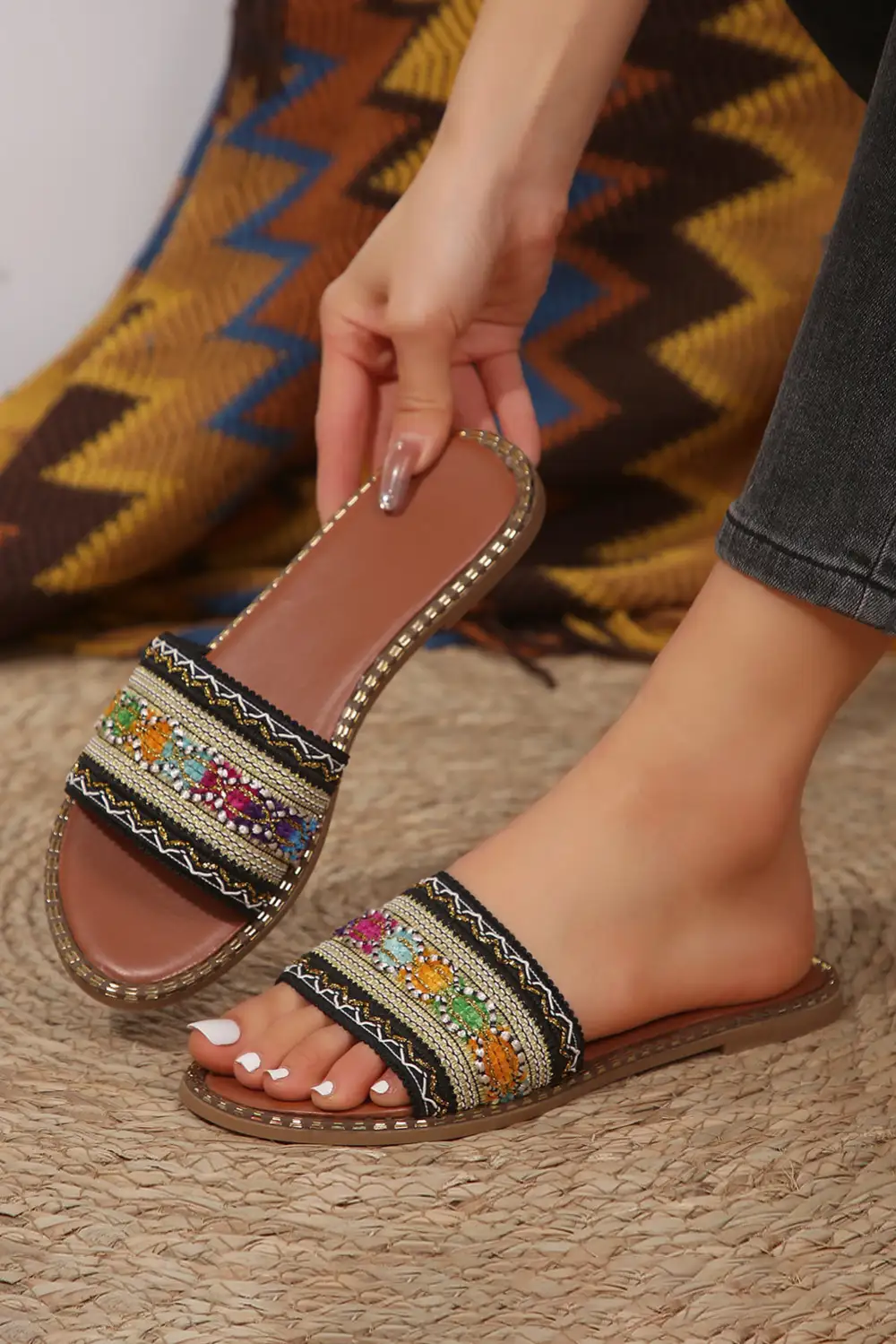 Bohemian Pattern Crochet Faux Leather Beach Slide Slippers