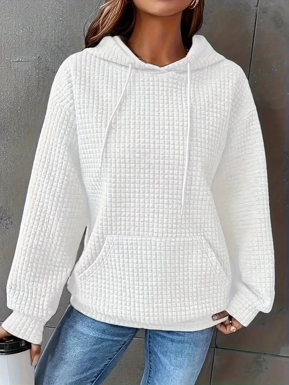 Drawstring Pocketed Textured Knit Hoodie