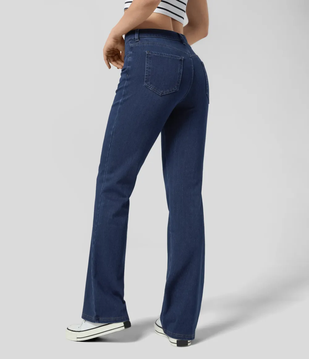 Magic Mid Rise Button Pockets Stretchy Knit Casual Bootcut Jeans