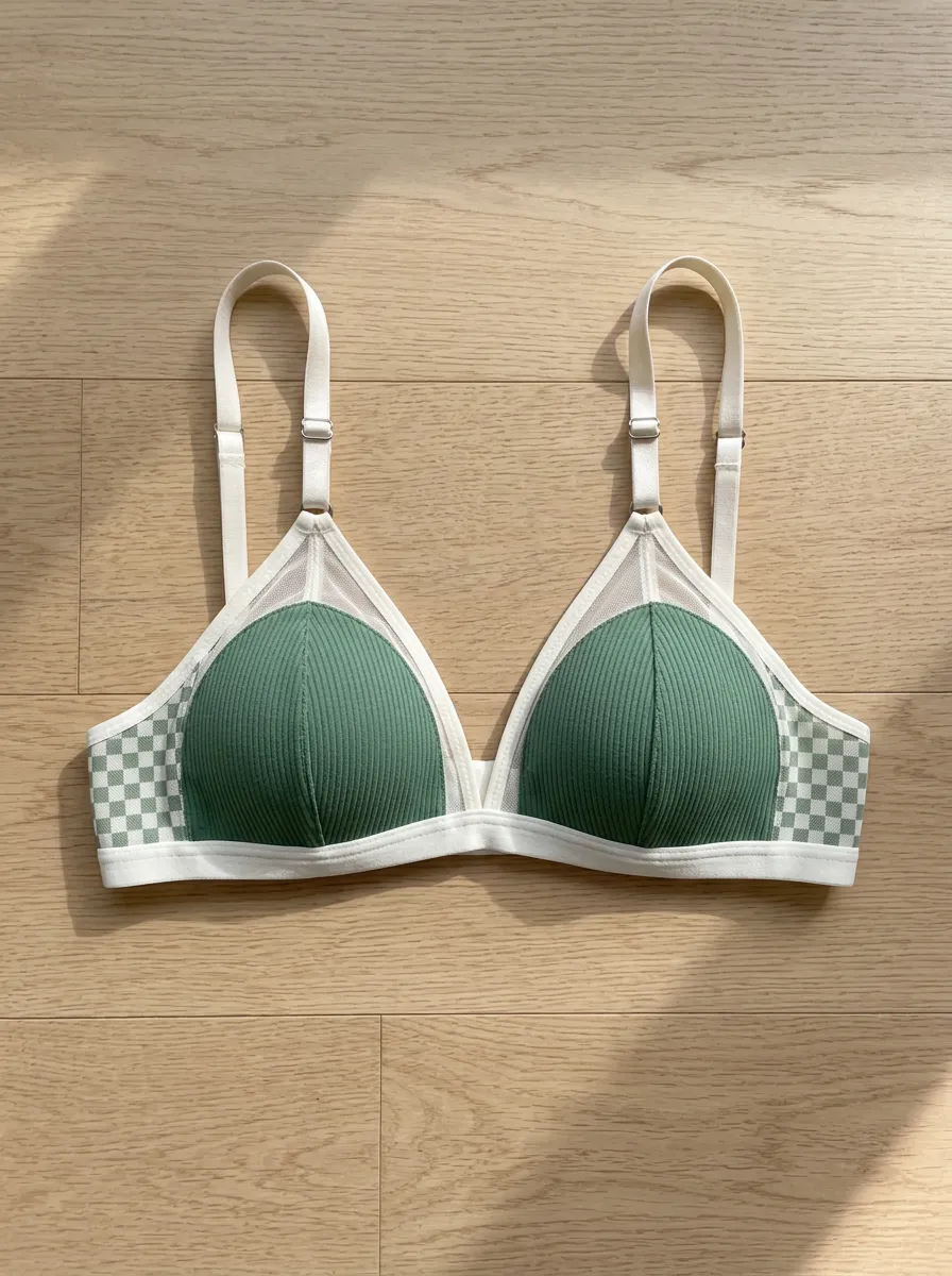 Women's Green Ribbed Checkered Pattern Printed Bralette