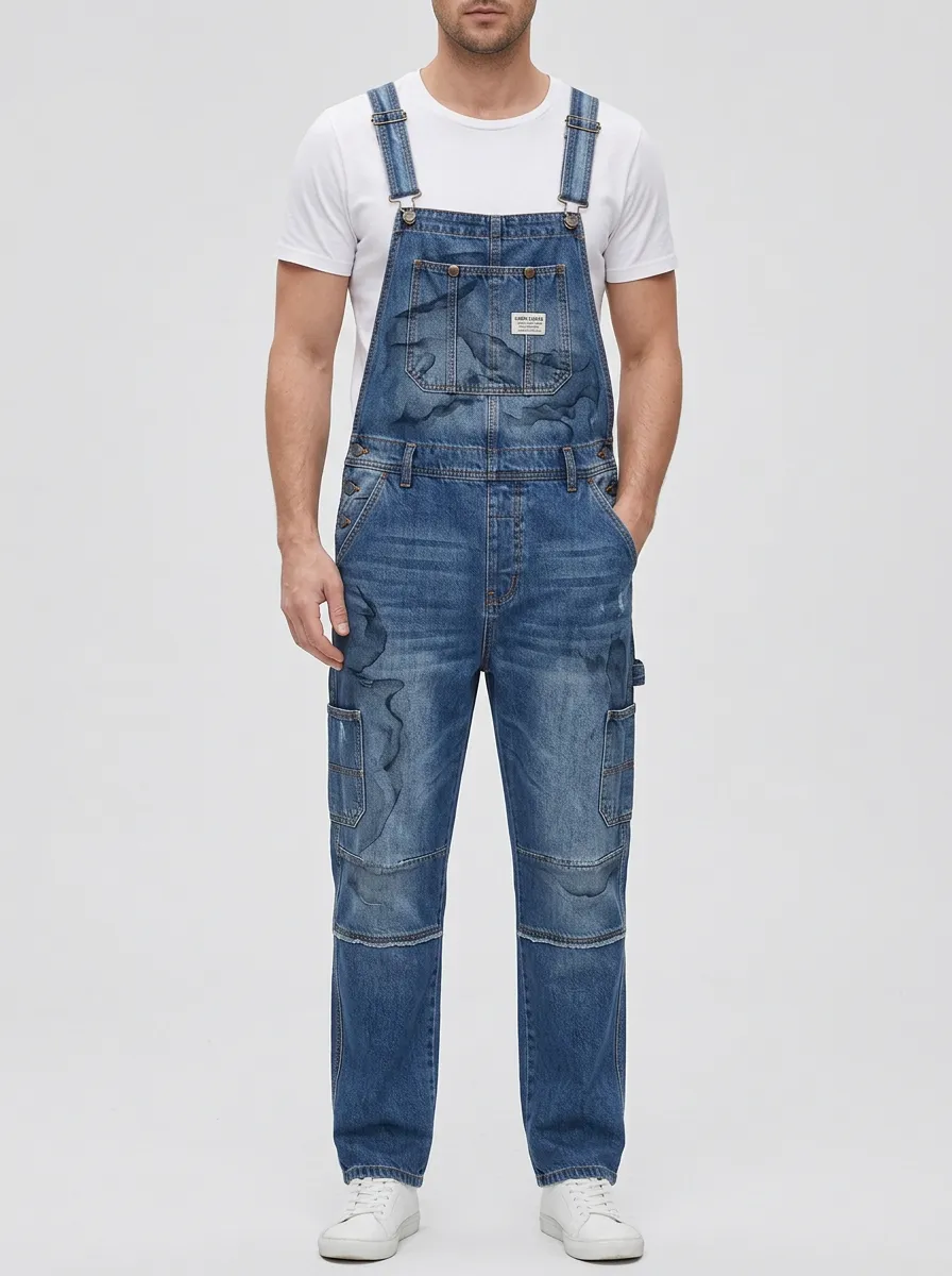 Distressed Denim Utility Overalls