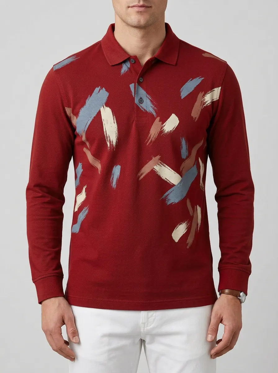 Men's Abstract Brushstroke Pattern Modern Long Sleeve Polo Shirt