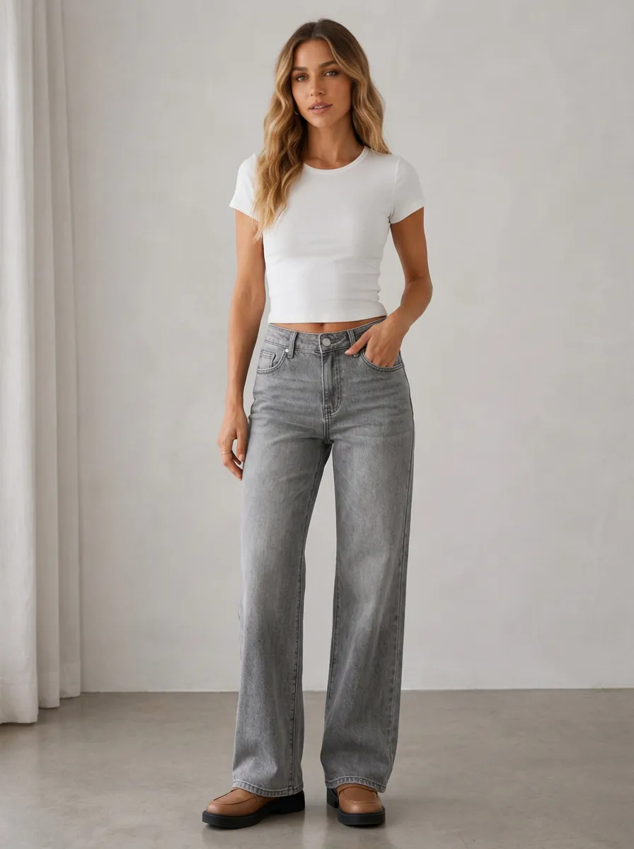 Women's Casual Fashion Grey Washed Wide Leg Denim Jeans